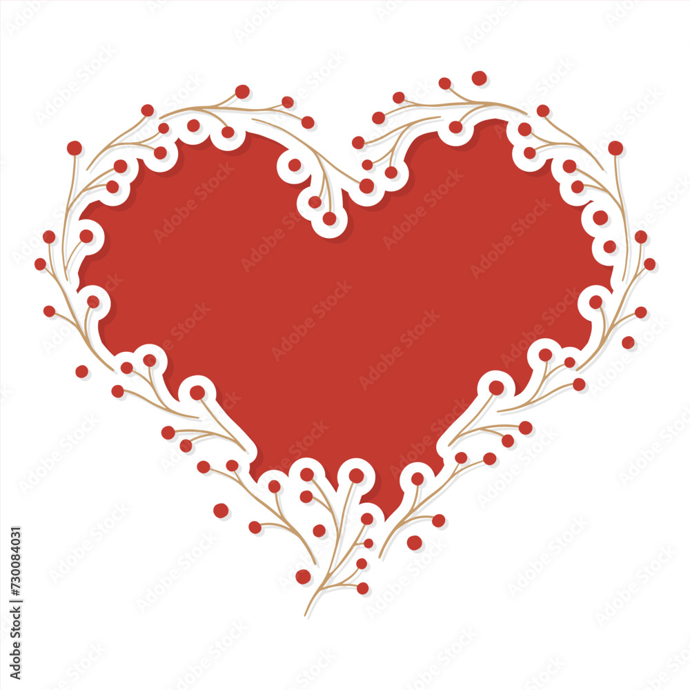 hand drawn heart shape made of tiny branches with red berries romantic colorful vector cut out centerpiece on red background