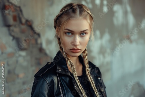 Fierce Blonde Woman With Vikinginspired Braids In Stylish Leather Jacket