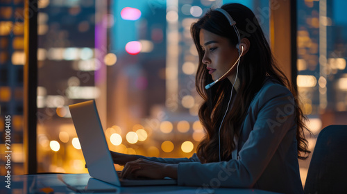 woman wearing a headset is working at her computer during the evening with a cityscape lit up by night lights in the background