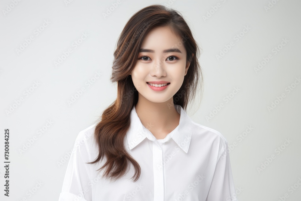 Confident Asian Professional, Confidence and professionalism shine through as a young Asian businessperson woman poses against a backdrop of solid white. Generative AI. Confident Asian Professional, Confidence and professionalism shine through as a young Asian businessperson woman poses against a backdrop of solid white. Generative AI.