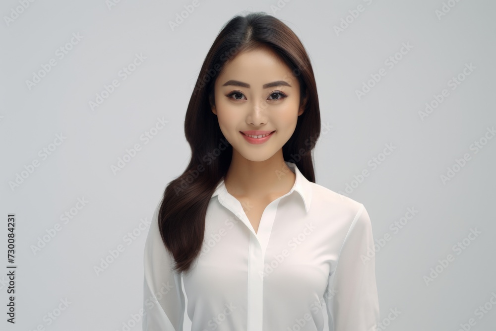 Confident Asian Professional, Confidence and professionalism shine through as a young Asian businessperson woman poses against a backdrop of solid white. Generative AI. Confident Asian Professional, Confidence and professionalism shine through as a young Asian businessperson woman poses against a backdrop of solid white. Generative AI.