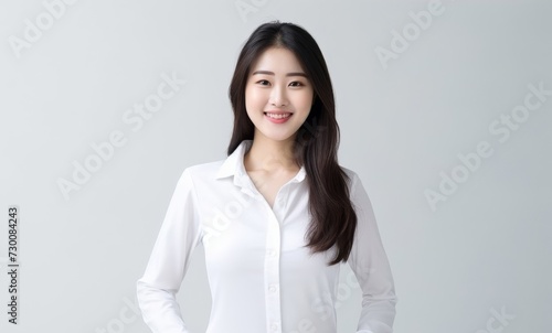 Confident Asian Professional, Confidence and professionalism shine through as a young Asian businessperson woman poses against a backdrop of solid white. Generative AI.