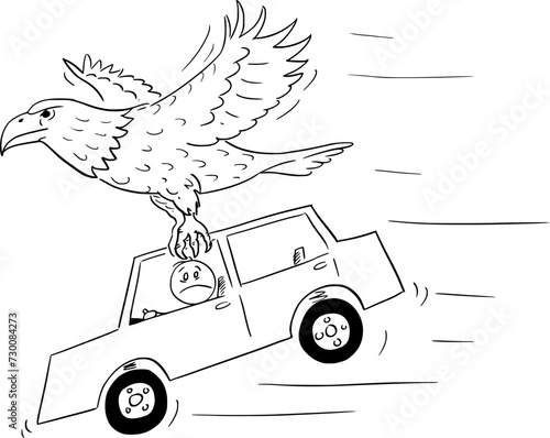 Eagle Carries Car Away, Vector Cartoon Stick Figure Illustration