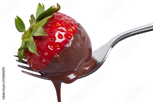 Close-up shot of a fork with a luscious chocolate-covered strawberry, combining the sweetness of chocolate with the juiciness of the fruit. photo