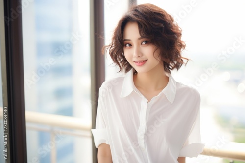 Confident Asian Professional, Confidence and professionalism shine through as a young Asian businessperson woman poses against a backdrop of solid white. Generative AI.