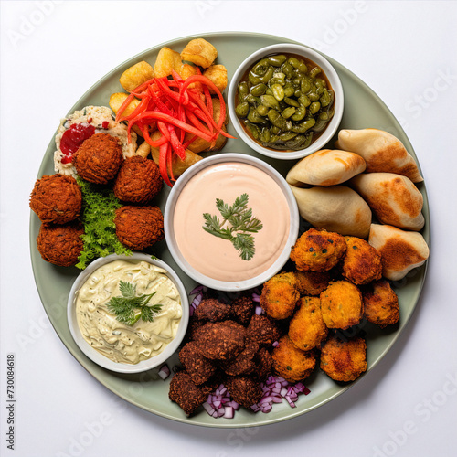 Contemporary Cuisine: Falafel, Fried Chicken, and Fish with Spices on White Background