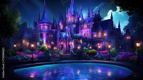 a purple castle is lit up at night