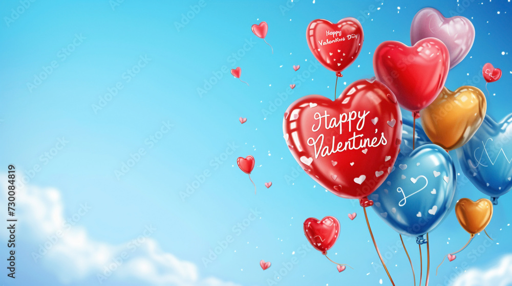 A vibrant image of heart-shaped balloons floating against a blue sky with the words 