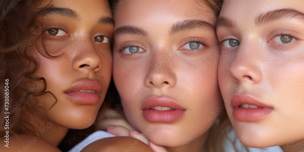 Diversity of young model women with natural makeup for cosmetic skincare, haircare or skin hair products,  editorial studio group of friends with black white caucasian freckles skintone and full lips 