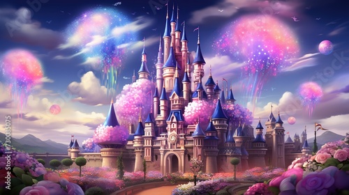a pink castle with pink flowers and fireworks