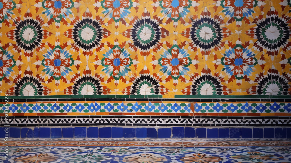 Islamic calligraphy and colorful geometric patterns a Morocco