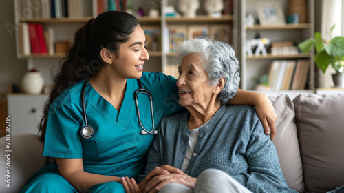 tender moment between a young female nurse in scrubs with a stethoscope and an elderly woman photo