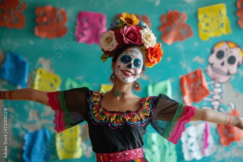 Midadult Woman Dancing And Celebrating The Day Of The Dead photo