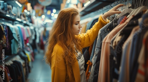 A woman is shopping at the mall, a girl in the store is choosing clothes