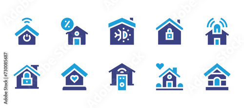 Home icon set. Duotone color. Vector illustration. Containing installment, house, domotics, smarthome, air conditioner, home sweet home, home, home security, dog house, house control.