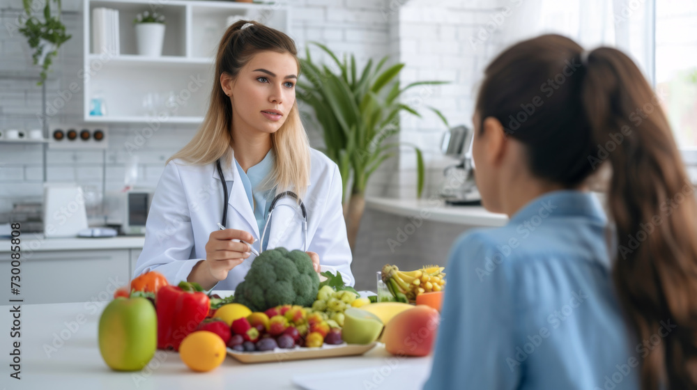 focused female doctor discussing nutrition with a patient, with fresh fruits and vegetables on the table