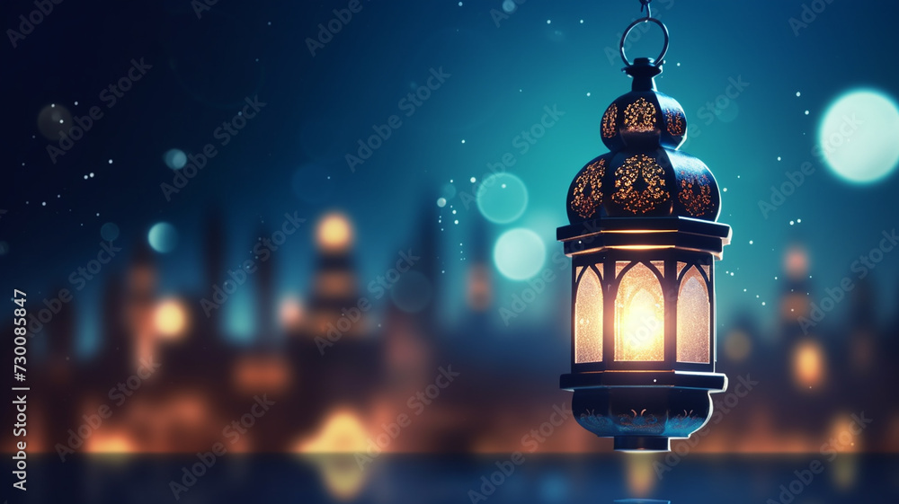 Ramadan Kareem - Moon And Arabian Lantern With Blue Sky At Night With Abstract Defocused Lights - Eid Ul Fitr Ramadan Kareem - Moon And Arabian Lantern With Blue Sky At Night With Abstract Defocused Lights - Eid Ul Fitr