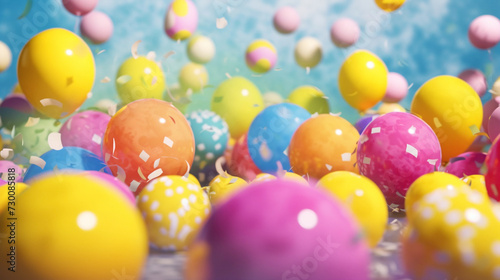 Bold "Happy Easter" text against a sunny yellow backdrop, with a scattering of painted eggs in various patterns.