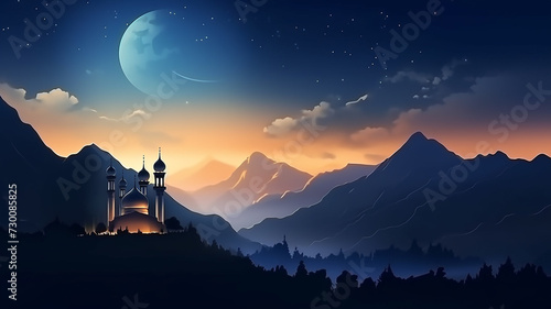 Ramadan background with crescent  stars and glowing clouds above mosque on mountains