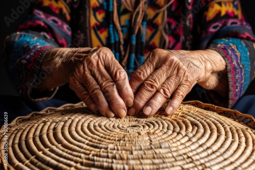 Elderly Native American Woman Navajo Touching Woven Navajo Basket