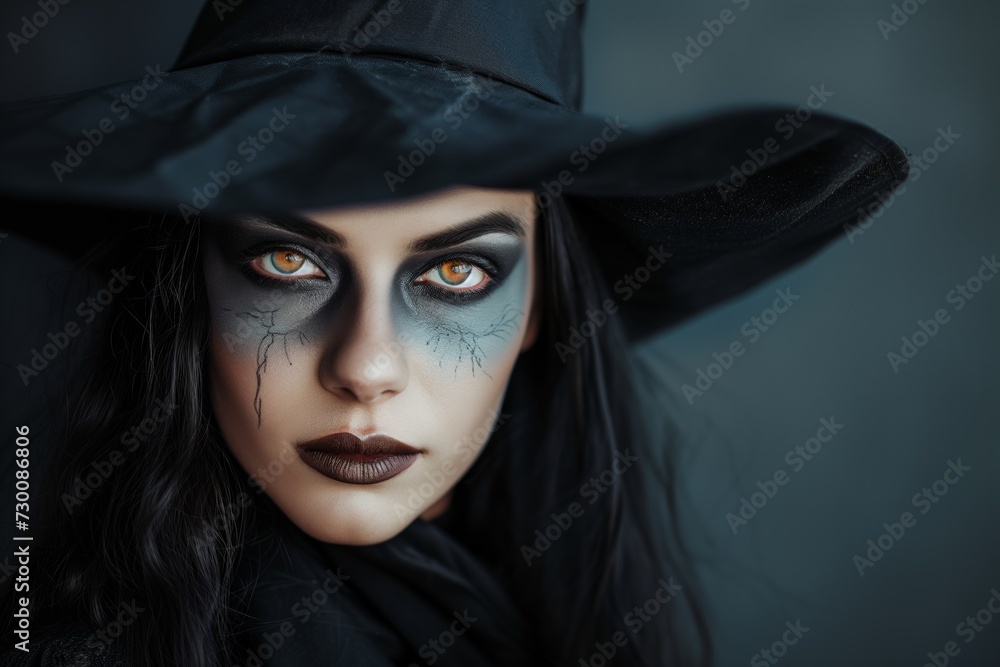 Beautiful Woman Wearing Halloween Witch Makeup, Posing For Portrait Beautiful Woman Wearing Halloween Witch Makeup, Posing For Portrait