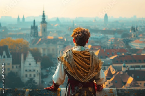 Boy In Medieval Cosplay Overlooks Cityscape, Creating Magical Fairy Tale