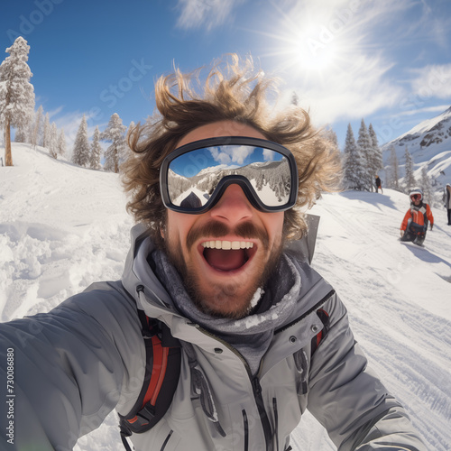 Cheerful skier in snow gear takes a selfie while skiing in a very cold mountainous area
