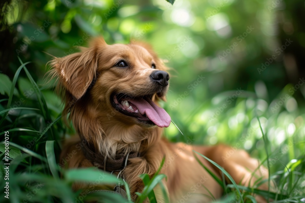 Cheerful Canine Enjoying Peaceful Moment Amidst Lush Green Surroundings