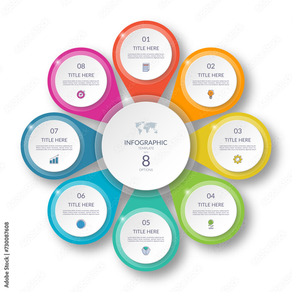 Vector infographic cycle diagram with 8 steps. Round chart that can be used as a diagram, graph, workflow layout for web, report, business analytics, data visualization, brochure, presentation. Vector infographic cycle diagram with 8 steps. Round chart that can be used as a diagram, graph, workflow layout for web, report, business analytics, data visualization, brochure, presentation.