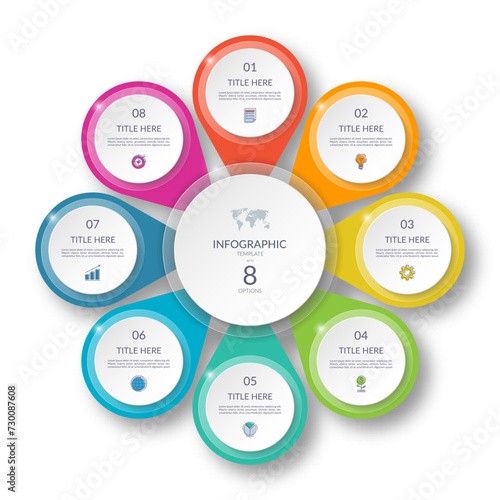Vector infographic cycle diagram with 8 steps. Round chart that can be used as a diagram, graph, workflow layout for web, report, business analytics, data visualization, brochure, presentation.