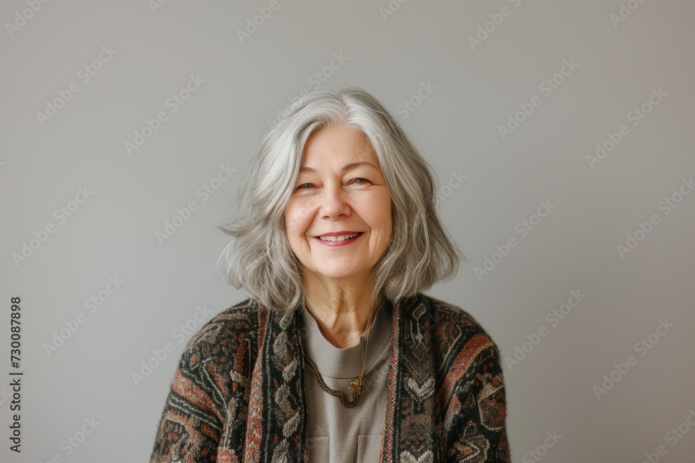 Elderly Woman With Gray Hair Exudes Joy Against Neutral Backdrop Elderly Woman With Gray Hair Exudes Joy Against Neutral Backdrop