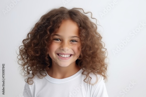Portrait of a smiling little girl with curly hair over white background