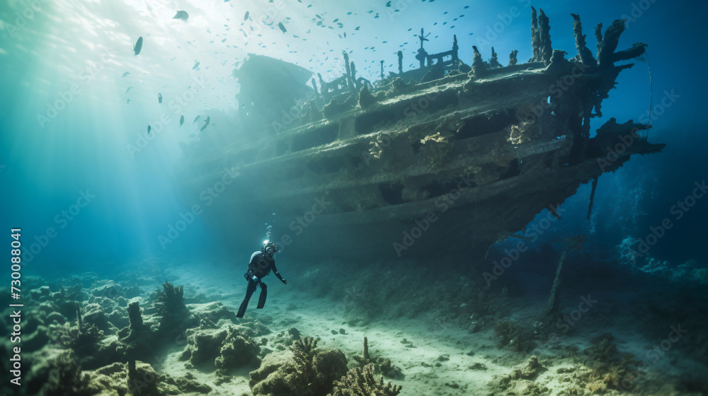 A diver freely gliding above a shipwreck in shall - obrazy, fototapety, plakaty 