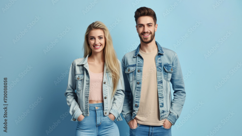 Fototapeta premium happy young couple dressed in denim, the woman with long blonde hair and the man with a beard, both smiling and standing against a light blue background