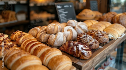 Assorted freshly baked bread and pastries in a bakery.