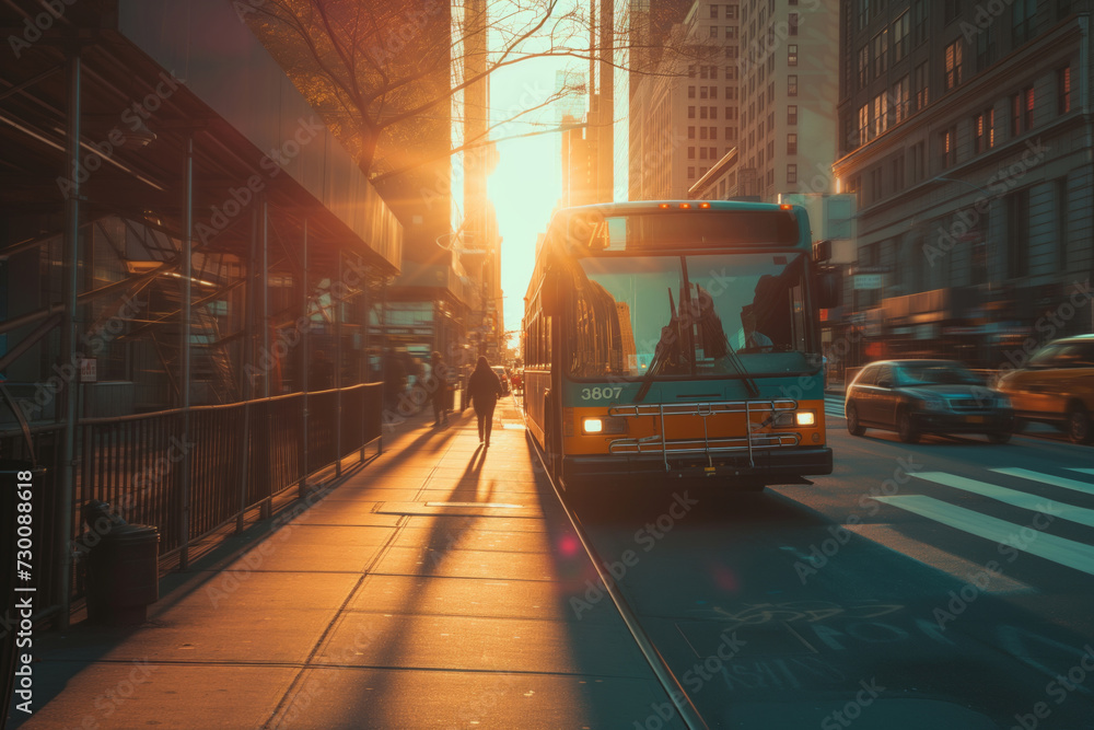 © ChanelBot/Peopleimages - AI - Bus, transportation and public transport shuttle for commuting service, passengers and travel. Sunrise, morning light beam and city view for background, copyspace and busy urban highway traffic © ChanelBot/Peopleimages - AI - Bus, transportation and public transport shuttle for commuting service, passengers and travel. Sunrise, morning light beam and city view for background, copyspace and busy urban highway traffic