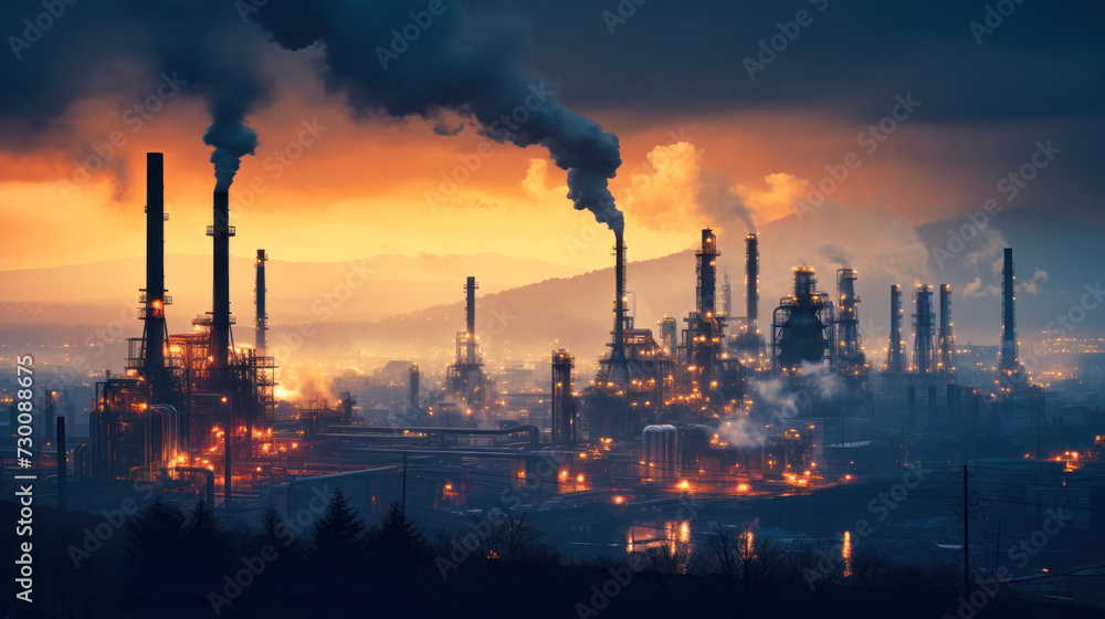 Working oil refinery. Smoke from a factory chimney. Environmental pollution. Emissions into the air pollute the city. Industrial waste is hazardous to health. A large working factory
