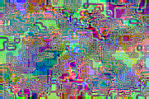 Graficzne wielokolorowe tło różnorodnych przenikających się kształtów, mozaika, labirynt - abstrakcyjne tło, tekstura © ellaa44