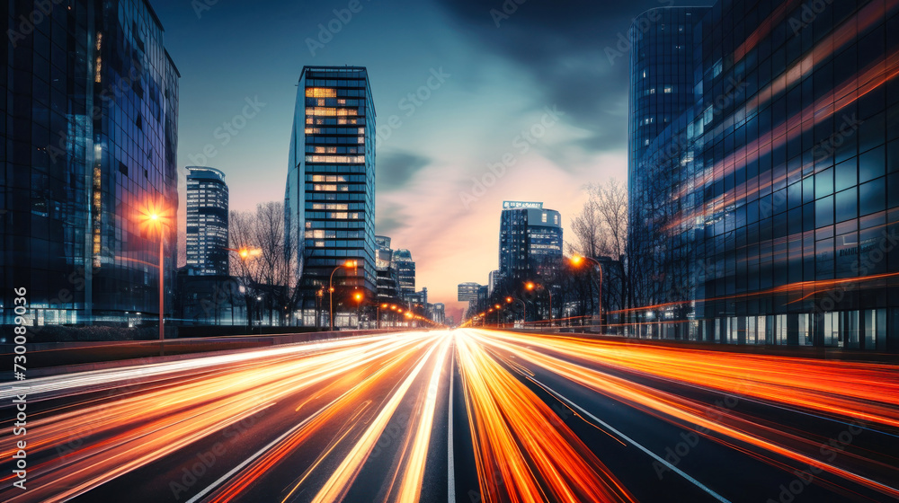 Long Exposure City Night Photo, Blurred Lights Capture the Vibrant Energy of Urban Life