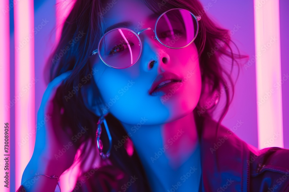 Stylish Woman Embodies Anime Character, Exuding Charm With Neon Backdrop