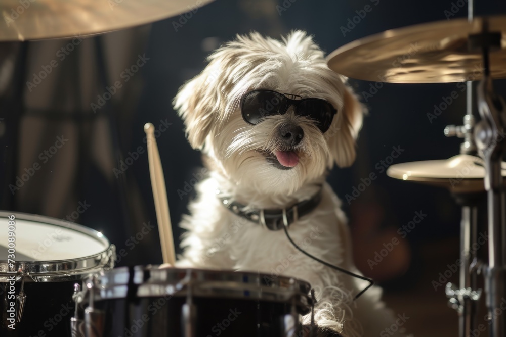 Obraz premium Talented Canine Musician Passionately Rocking The Drum Set With Style