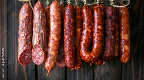 Sausages Hanging From Line, Smoked, Homemade Sausage Collection in Farm Cellar