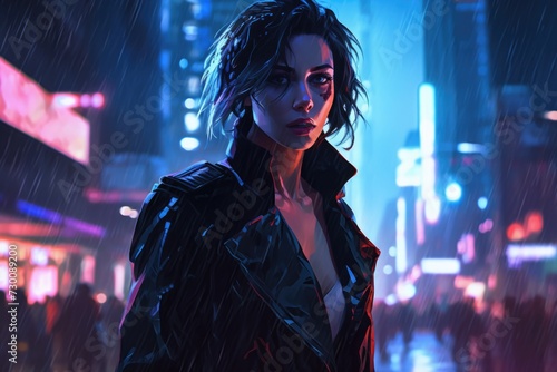 Cyberpunk Woman in Rainy Street full of people with Neon Lights