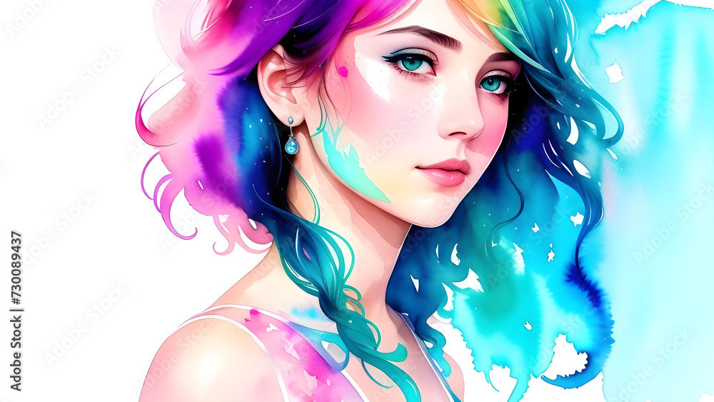 a close up of a woman with colorful hair and a blue dress a close up of a woman with colorful hair and a blue dress