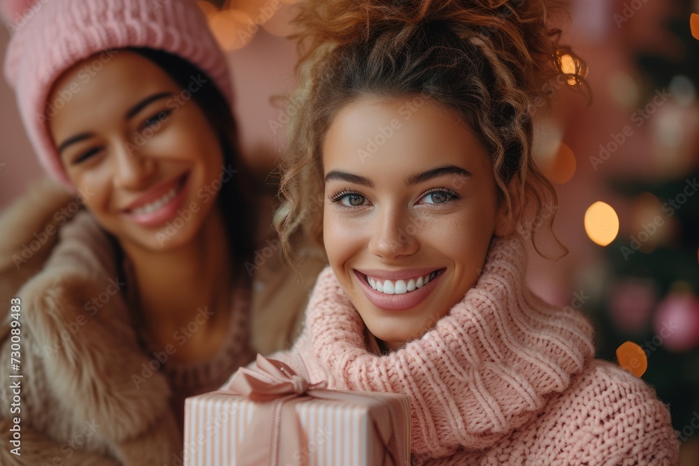Woman gives a gift to another girl on a pink background Woman gives a gift to another girl on a pink background