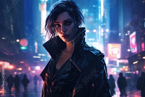 Cyberpunk Woman in Rainy Busy Street illuminated by Neon Lights
