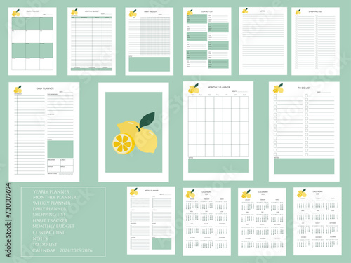 planner  lemons pages templates:daily planner, weekly planner,monthly planner, yearly planner,to do list,habit tracker,contact list, shopping list,notes, monthly budget,calendar 2024/2025/2026 photo