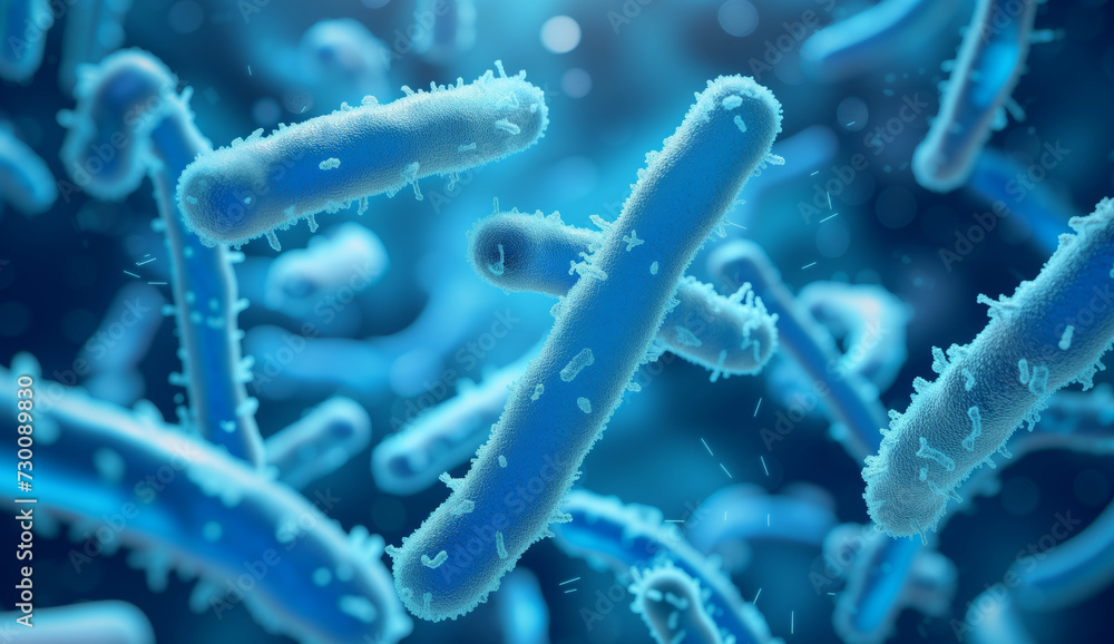 Close up of 3d microscopic blue bacteria  - obrazy, fototapety, plakaty 