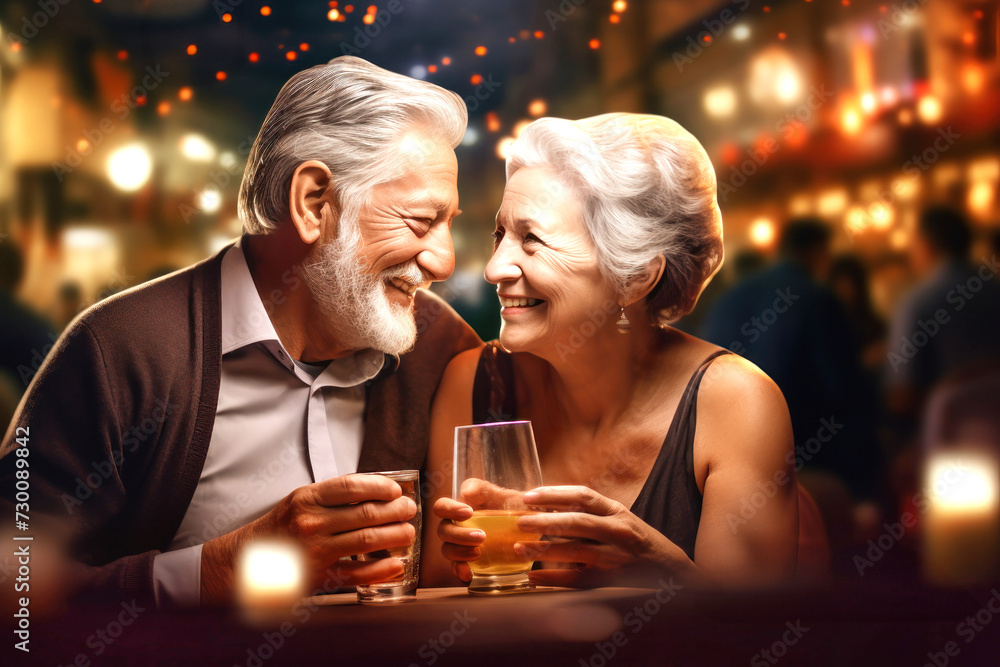 Elderly Man and Woman Enjoying Wine at Table in Bar