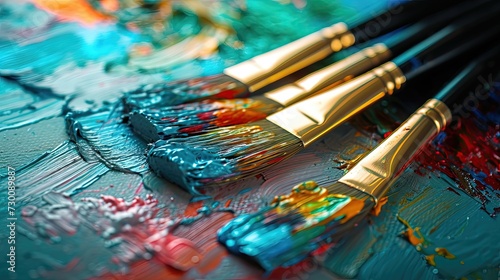 Close-up of paintbrushes on a colorful canvas.